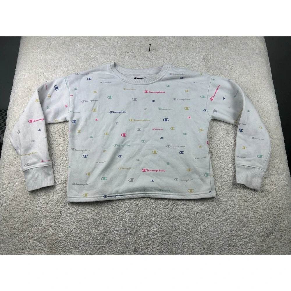 Champion Spell Out Crewneck Sweatshirt Sz L Kids White Multicolor Logo